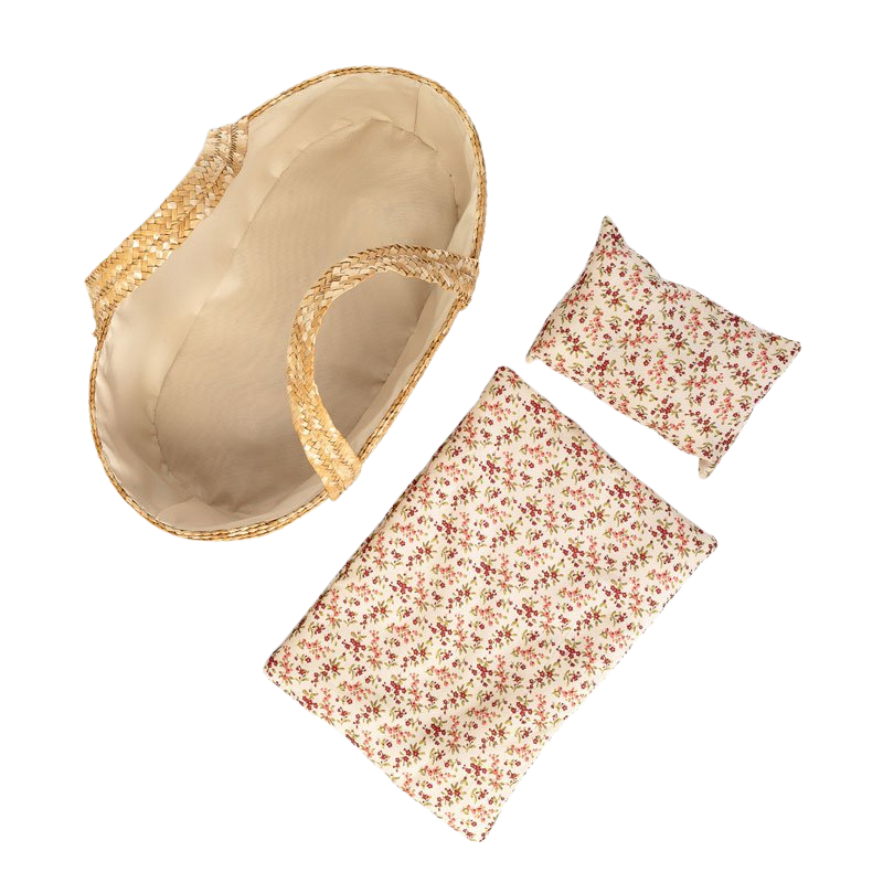 MAMAMEMO® Rieten Poppenreiswieg / Mozes Mandje met Bedsetje - 35 cm