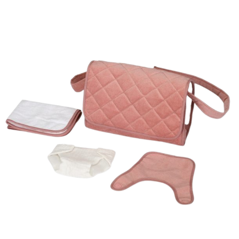 MAMAMEMO® Poppen Verzorgingstas Roze in Corduroy - Met Accessoires - bij Brightstore.nl