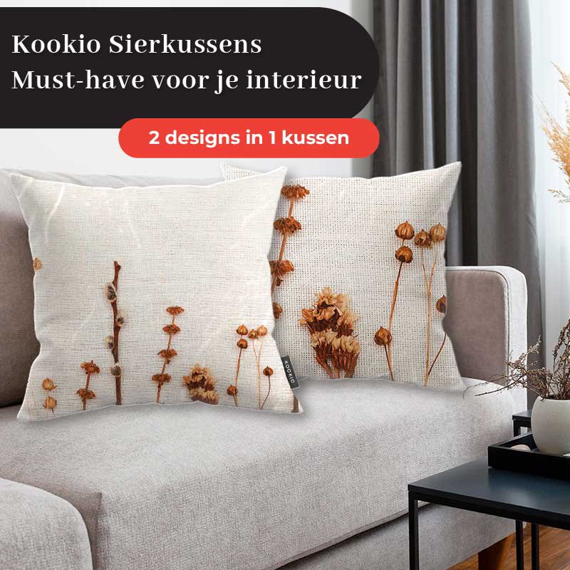 Dubbelzijdig Kookio sierkussen van 45x45 cm met droogbloemen print en luxe matte afwerking bij Brightstore