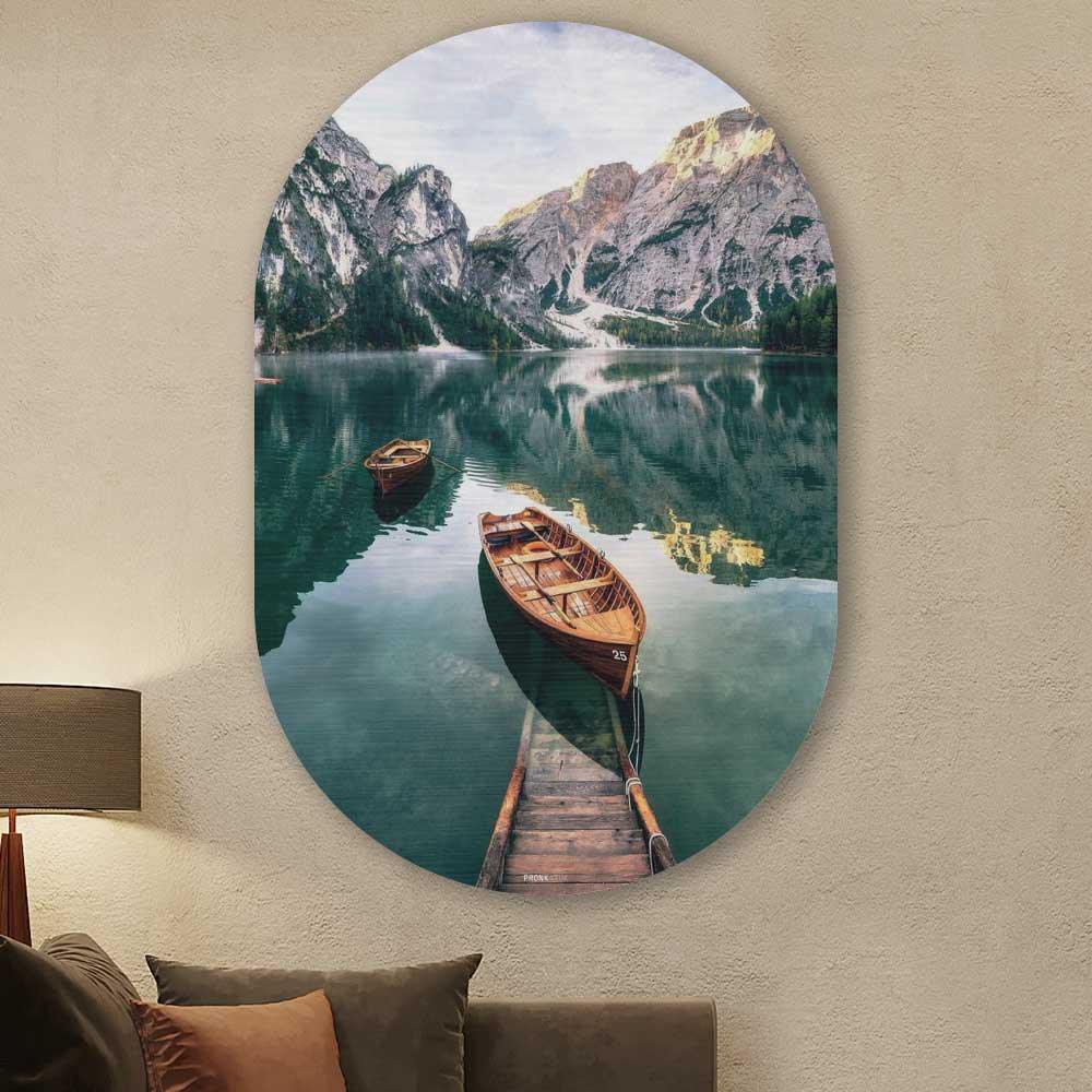 Kookio® Luxe Aluminium Muurovaal - Stijlvolle Wanddecoratie | Boten op een meer