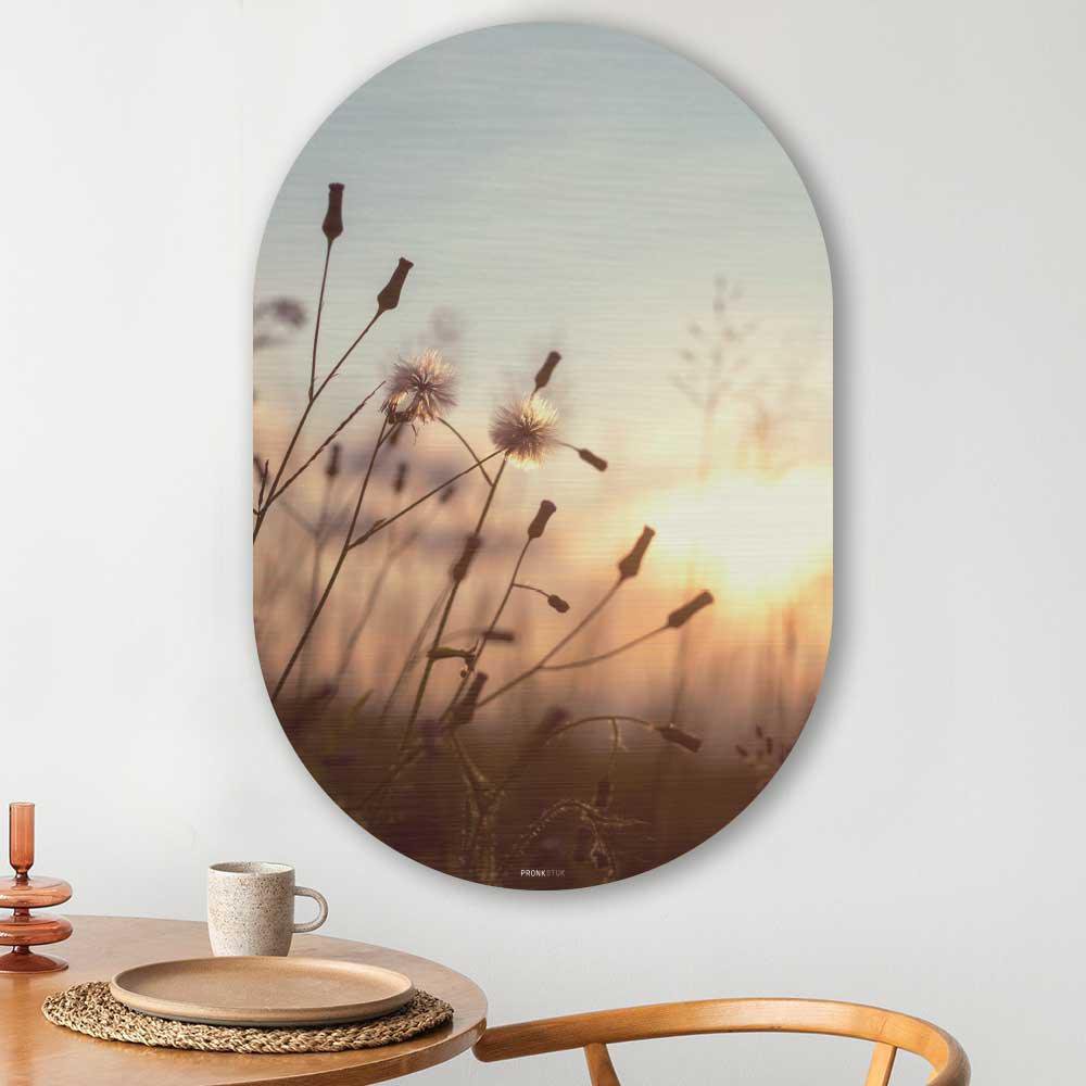 Kookio® Luxe Aluminium Muurovaal - Stijlvolle Wanddecoratie | Dandelion zonsondergang
