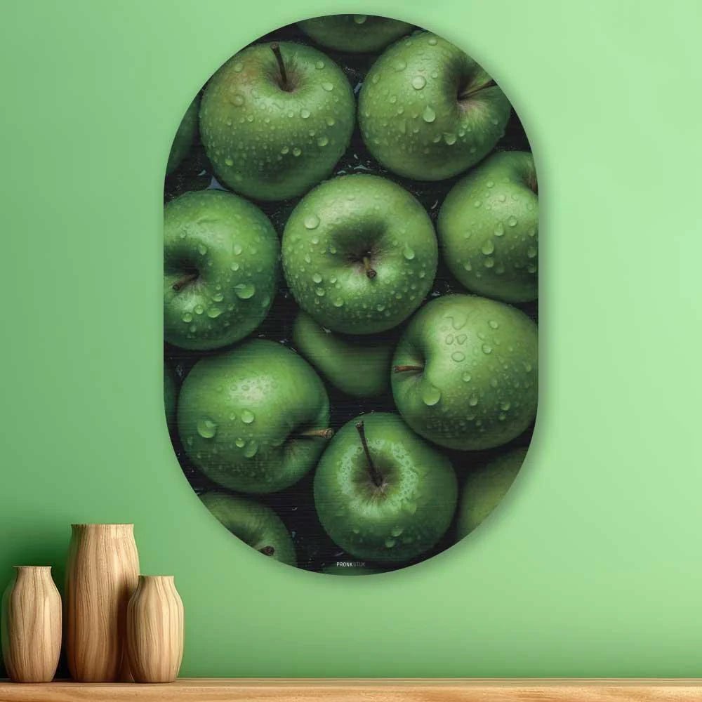 Kookio® Luxe Aluminium Muurovaal - Stijlvolle Wanddecoratie | Groene appels